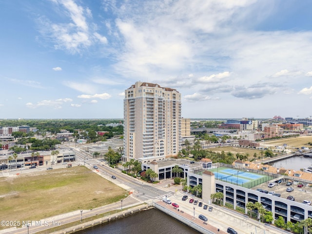 aerial view with a view of city and a water view