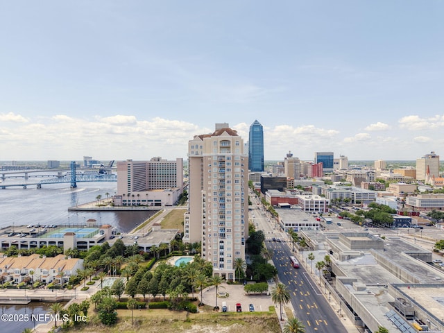 drone / aerial view with a water view and a city view