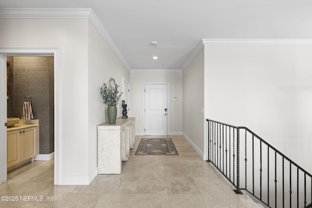 hall featuring crown molding, recessed lighting, and baseboards