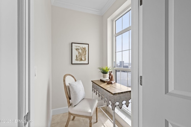 office featuring crown molding and baseboards