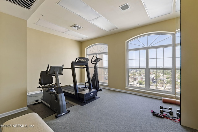 exercise room featuring carpet floors, baseboards, and visible vents