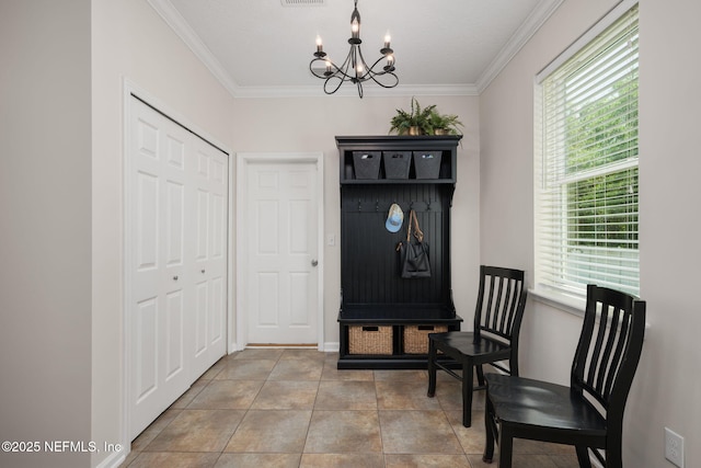 72 Whistler Trce, Ponte Vedra, FL 32081 - mudroom with an inviting chandelier, baseboards, crown molding, and tile patterned floors