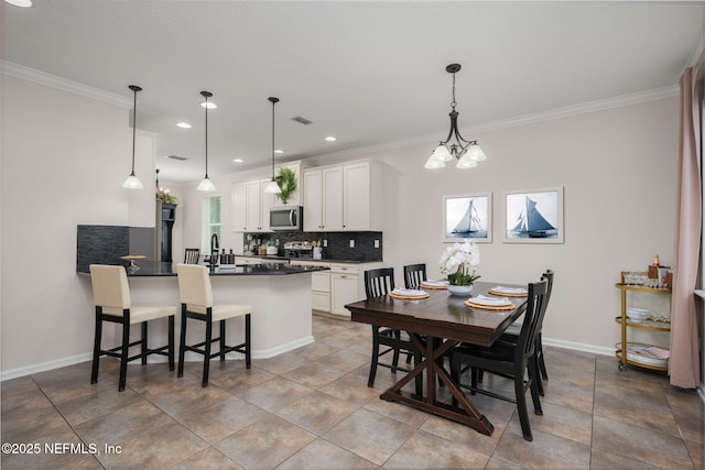 72 Whistler Trce, Ponte Vedra, FL 32081 - dining space with crown molding, a chandelier, recessed lighting, baseboards, and visible vents