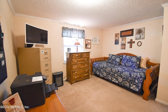carpeted bedroom with crown molding and a textured ceiling