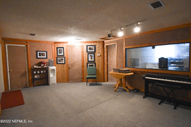 interior space with visible vents, a textured ceiling, wood walls, and carpet flooring