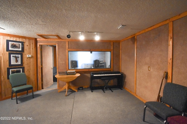 carpeted office space featuring wooden walls, a textured ceiling, visible vents, and track lighting