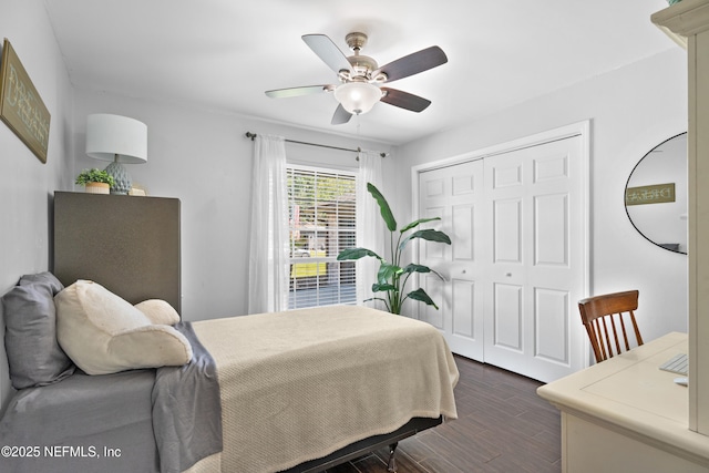 bedroom with ceiling fan, dark wood finished floors, and a closet