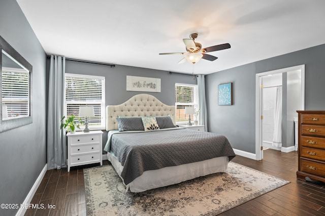 bedroom with baseboards, wood finished floors, and ceiling fan