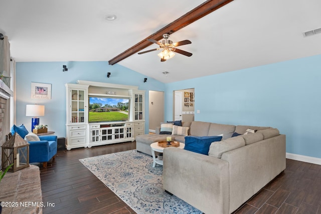 living area with vaulted ceiling with beams, visible vents, ceiling fan, and dark wood-style floors