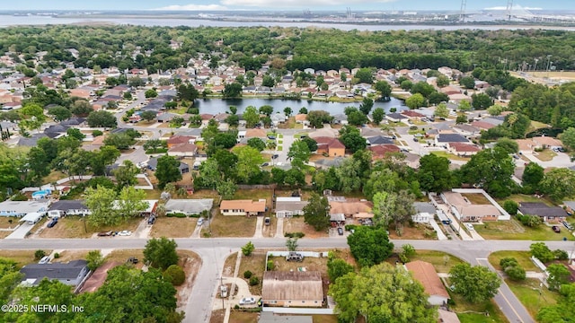 aerial view featuring a water view and a residential view
