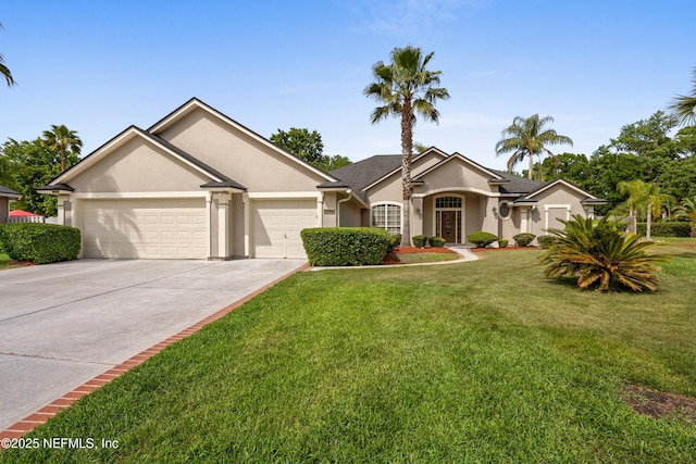 ranch-style house featuring a garage, a front lawn, stucco siding, and concrete driveway