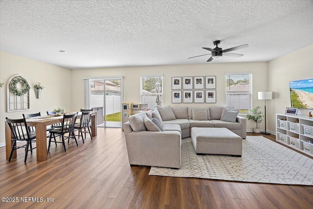 2294 Falling Star Ln, Green Cove Springs, FL 32043 - living area with wood finished floors, a ceiling fan, and a textured ceiling