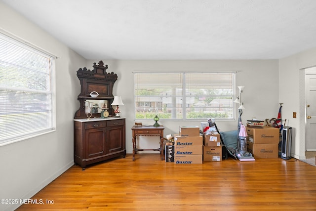 misc room with baseboards, plenty of natural light, and light wood-style flooring