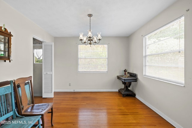 unfurnished room featuring an inviting chandelier, plenty of natural light, and wood finished floors