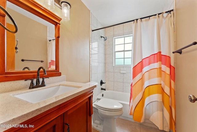 bathroom with shower / bath combo with shower curtain, toilet, tile patterned flooring, and vanity