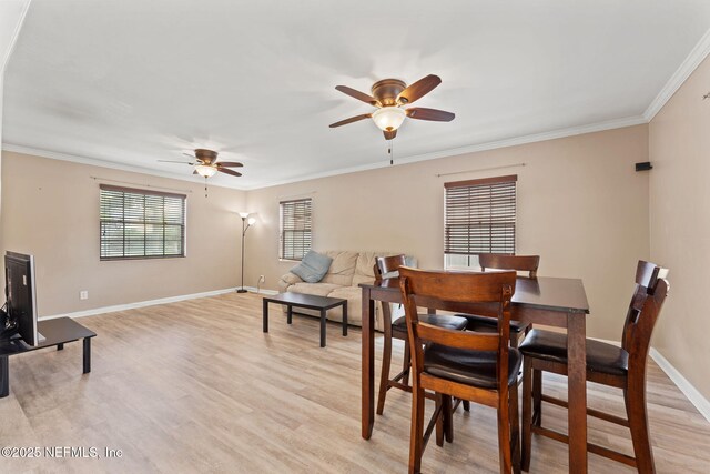 dining room featuring ornamental molding, ceiling fan, and light wood-style floors