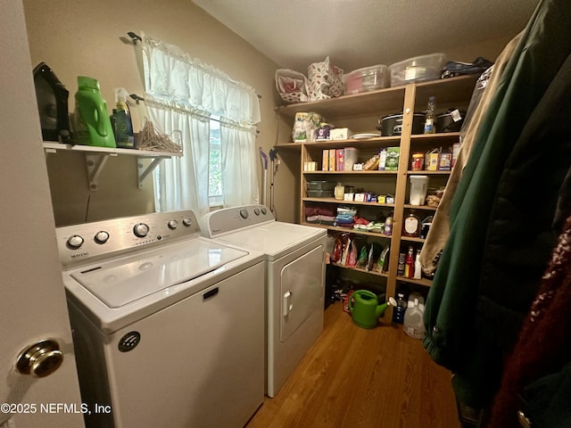 clothes washing area featuring washer and clothes dryer, laundry area, and light wood-style flooring