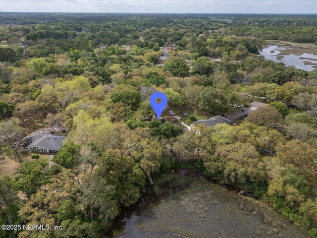 bird's eye view featuring a water view and a forest view