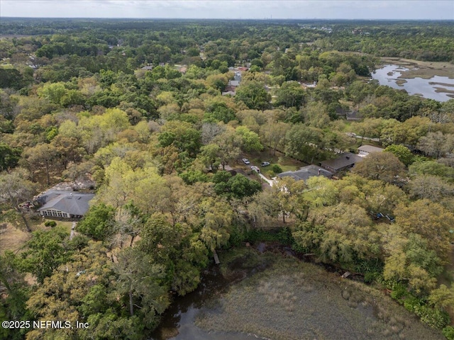 bird's eye view featuring a forest view and a water view