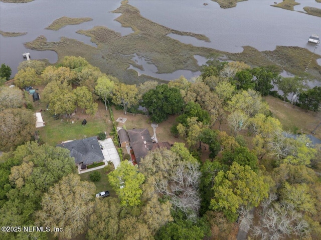 drone / aerial view featuring a water view