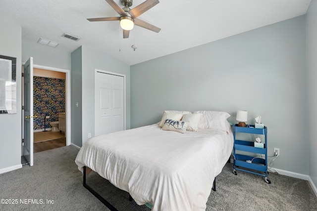 157 Jardin De Mer Pl Unit 157, Jacksonville Beach, FL 32250 - carpeted bedroom featuring ceiling fan, visible vents, vaulted ceiling, baseboards, and a closet
