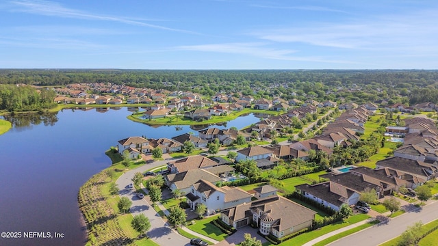 bird's eye view featuring a water view and a residential view