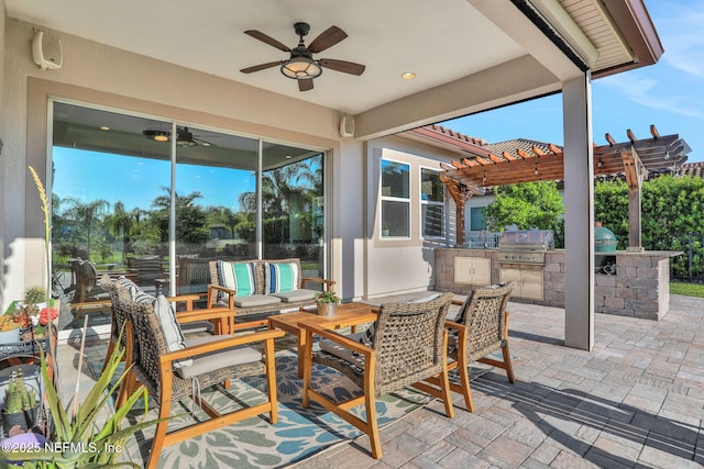 view of patio / terrace with outdoor dining space, grilling area, a pergola, ceiling fan, and an outdoor kitchen