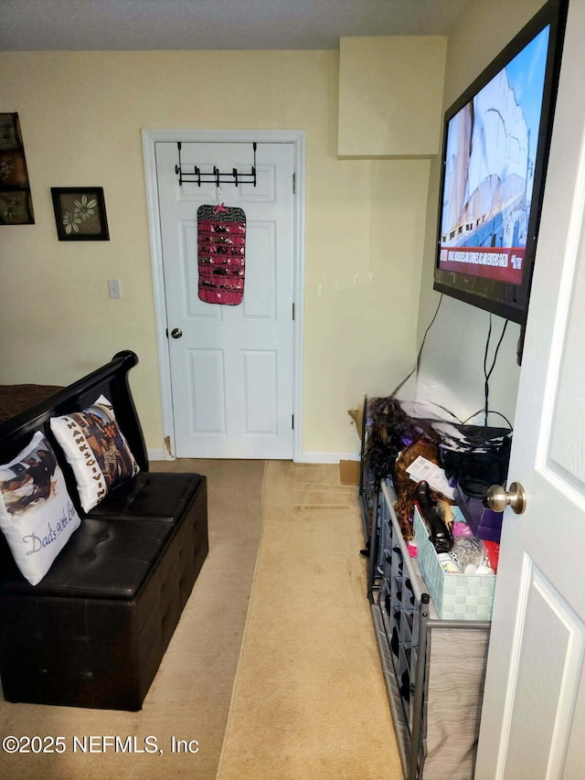 carpeted foyer with baseboards