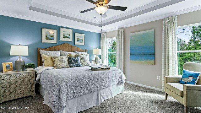 bedroom featuring a raised ceiling, carpet floors, multiple windows, and ornamental molding