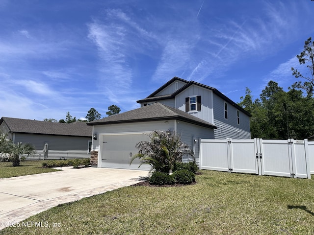 1116 Morgans Treasure Rd, Saint Augustine, FL 32084 - view of front facade featuring a garage, fence, a front yard, a gate, and driveway