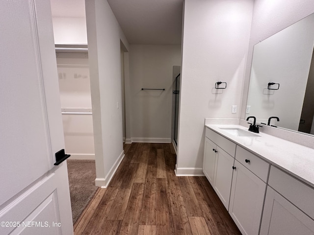 1116 Morgans Treasure Rd, Saint Augustine, FL 32084 - full bathroom with a walk in closet, vanity, hardwood / wood-style floors, baseboards, and a stall shower