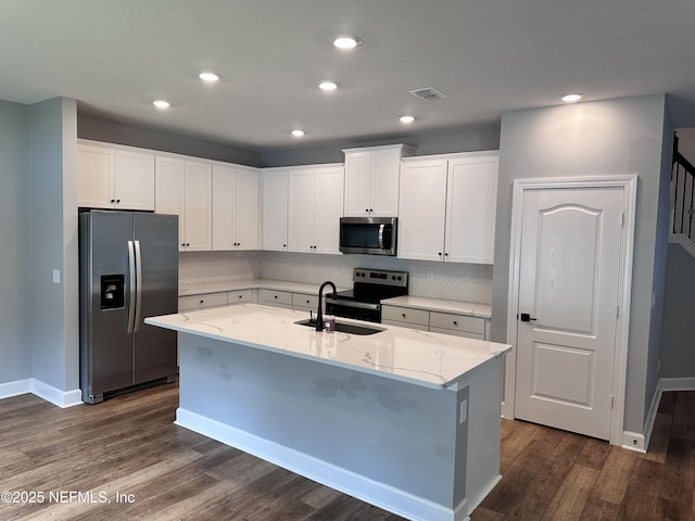 1116 Morgans Treasure Rd, Saint Augustine, FL 32084 - kitchen featuring visible vents, tasteful backsplash, dark wood finished floors, a sink, and stainless steel appliances