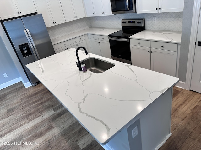1116 Morgans Treasure Rd, Saint Augustine, FL 32084 - kitchen featuring decorative backsplash, dark wood-style flooring, white cabinetry, a sink, and stainless steel appliances