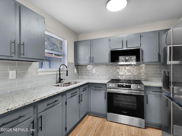 kitchen featuring stainless steel appliances, light wood-style floors, backsplash, a sink, and gray cabinetry