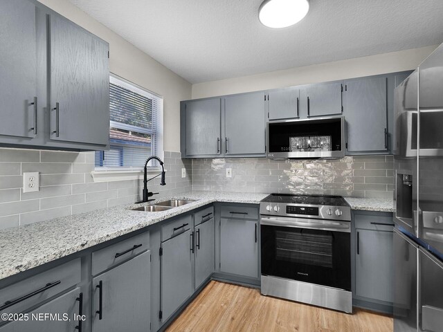 1615 Brook Forest Dr, Jacksonville, FL 32208 - kitchen featuring stainless steel appliances, light wood-style floors, backsplash, a sink, and gray cabinetry