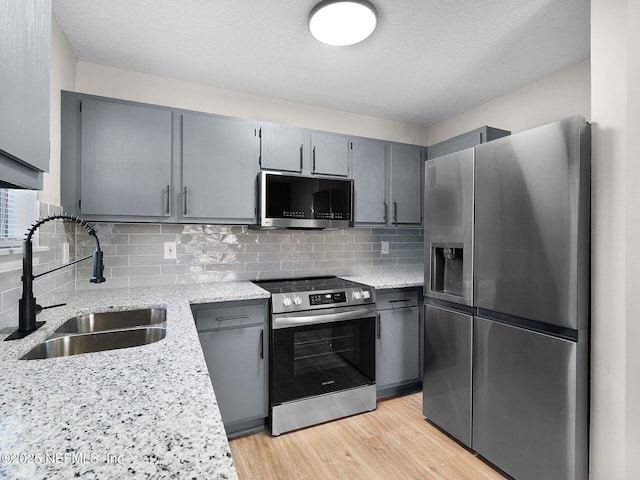 kitchen with a sink, gray cabinets, light wood-style flooring, backsplash, and appliances with stainless steel finishes