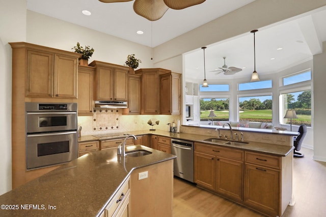 kitchen with light wood-style flooring, a ceiling fan, a sink, and stainless steel appliances