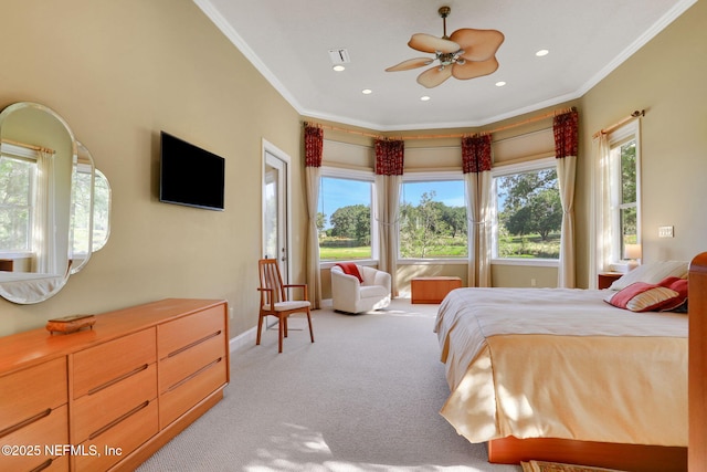 bedroom with crown molding, recessed lighting, visible vents, and light carpet
