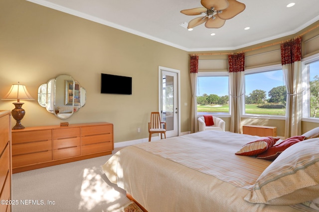bedroom featuring crown molding, recessed lighting, baseboards, and carpet