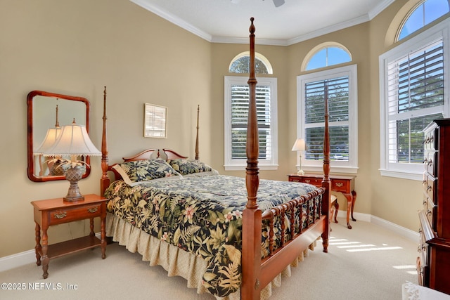 bedroom with crown molding, carpet floors, multiple windows, and baseboards