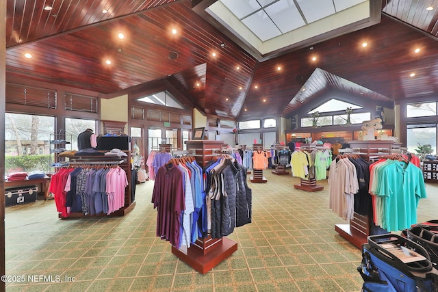 miscellaneous room with wood ceiling, carpet, and lofted ceiling
