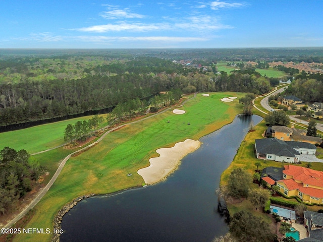 bird's eye view with a water view, golf course view, and a forest view