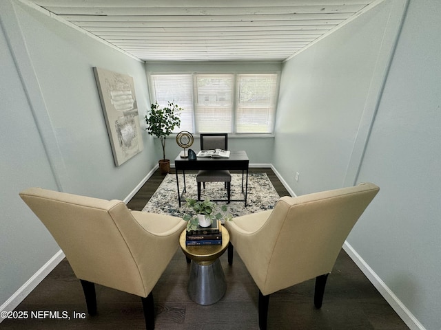 office area featuring wood ceiling and baseboards