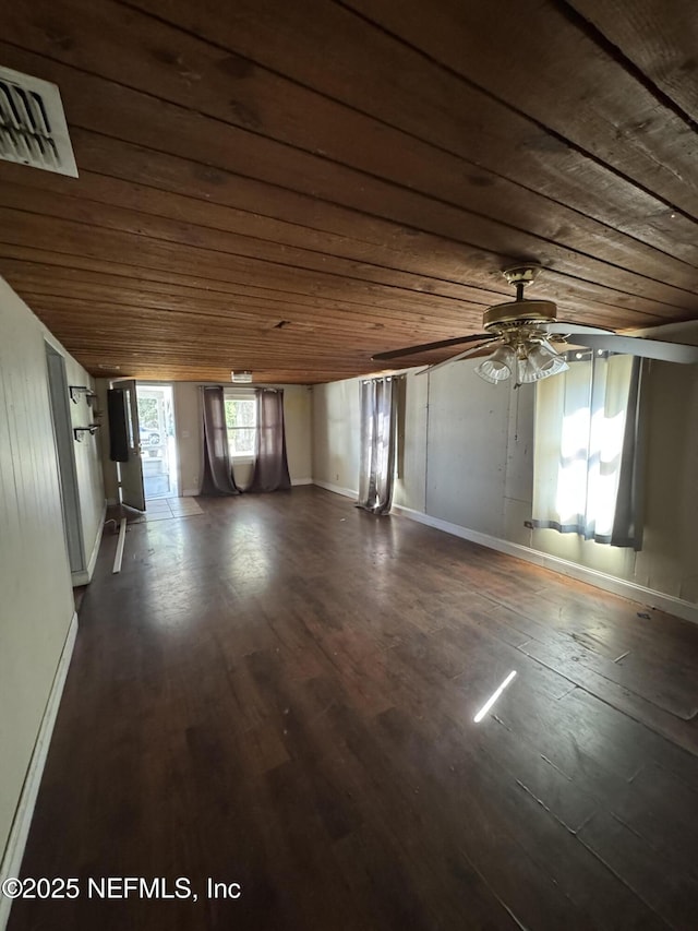 interior space with visible vents, wooden ceiling, and dark wood-style flooring