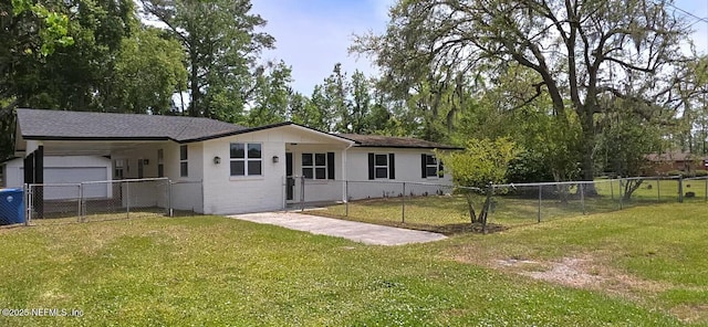 view of front of house featuring a carport, a front yard, and fence private yard
