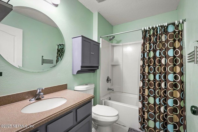 bathroom featuring vanity, a textured ceiling, shower / bathtub combination with curtain, and toilet