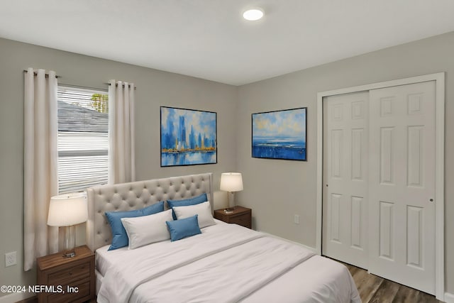 bedroom featuring wood finished floors and a closet