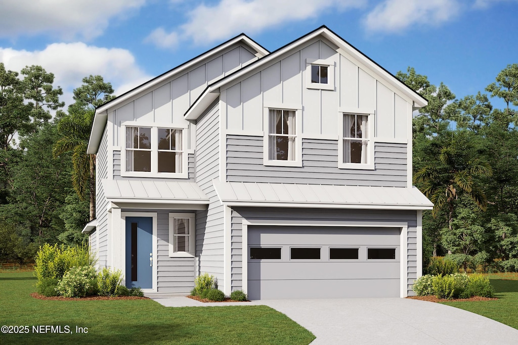 modern inspired farmhouse with a standing seam roof, metal roof, a front yard, concrete driveway, and an attached garage