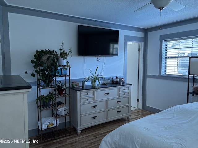 bedroom featuring wood finished floors, ceiling fan, and a textured ceiling