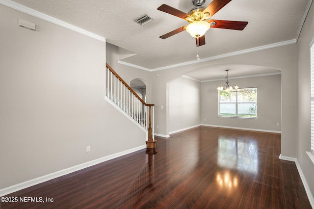 1821 Enterprise Ave, Saint Augustine, FL 32092 - spare room with arched walkways, wood finished floors, stairway, a chandelier, and crown molding